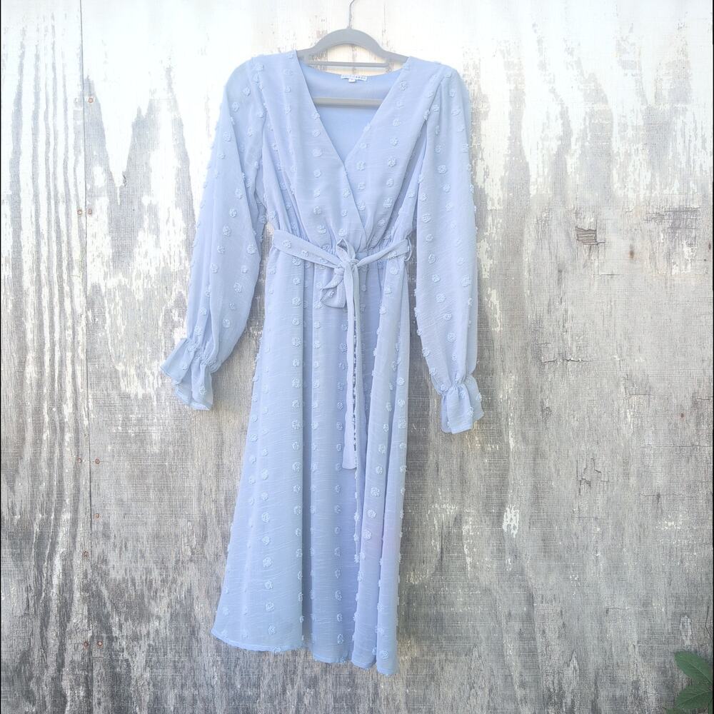 Baltic Born Swiss Dot Pearl Blue Grey Midi Chiffon Sheer Dress Women's Small